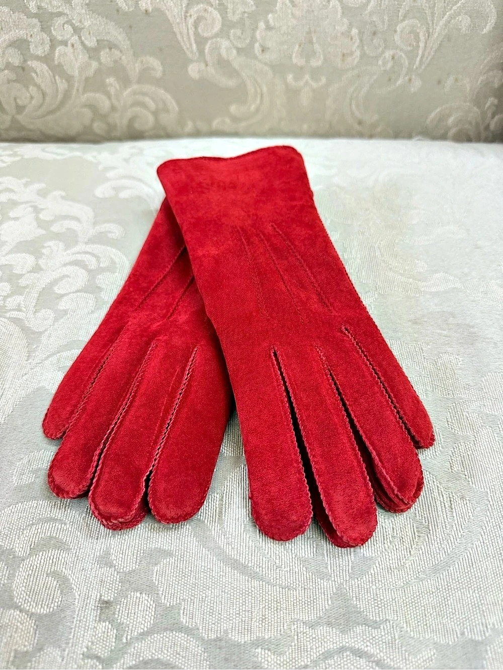 Red Leather Suede Gloves Size Small